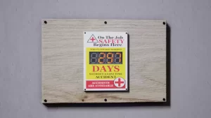 Image displaying a workplace safety sign indicating the number of days without a conveyor-related accident, highlighting the commitment to ongoing safety practices and accident prevention.