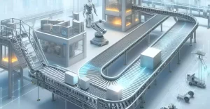 An image illustrating the future of conveyor technology, featuring a conveyor system integrated with automation and AI, highlighting cutting-edge advancements.