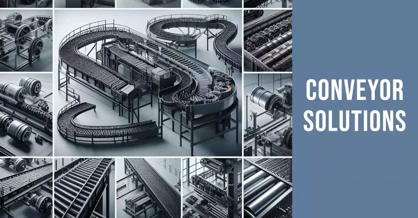 A collage of various conveyor systems, including belt conveyors, roller conveyors, and chain conveyors, showcasing the variety of options available.