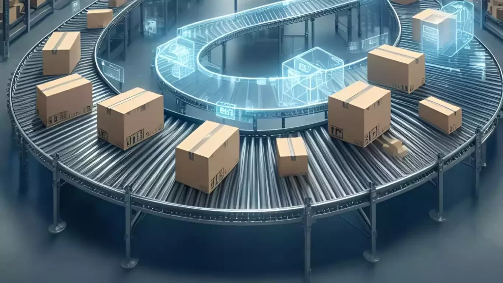 E-commerce fulfillment center with conveyor systems managing package movement, depicting efficient e-commerce logistics.