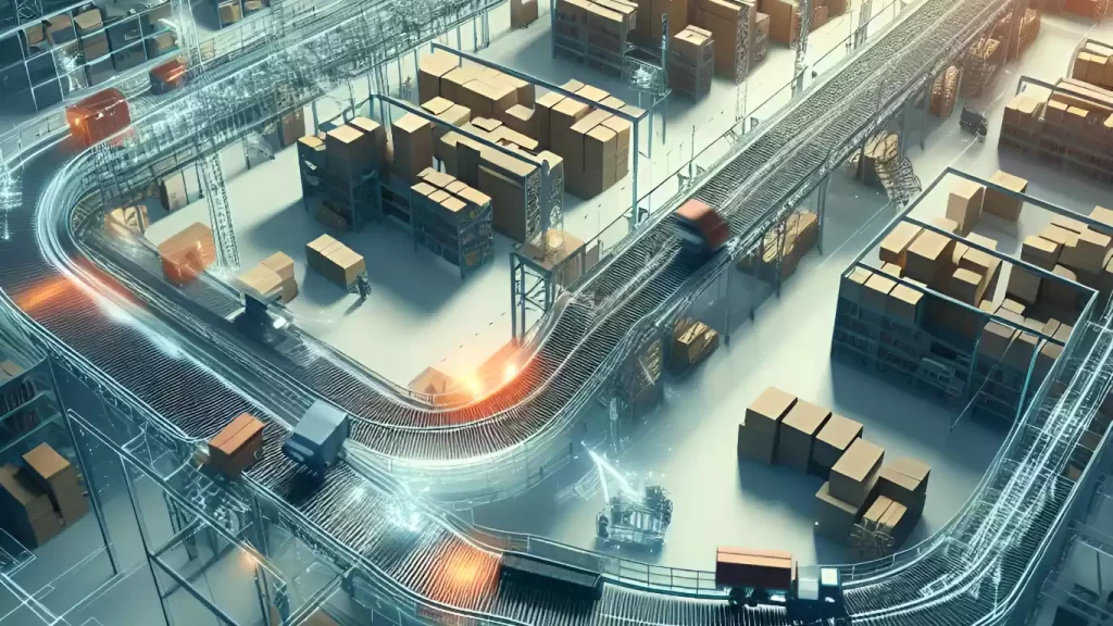 Busy logistics and distribution center using belt conveyors to sort and transfer goods, exemplifying efficient warehouse operations