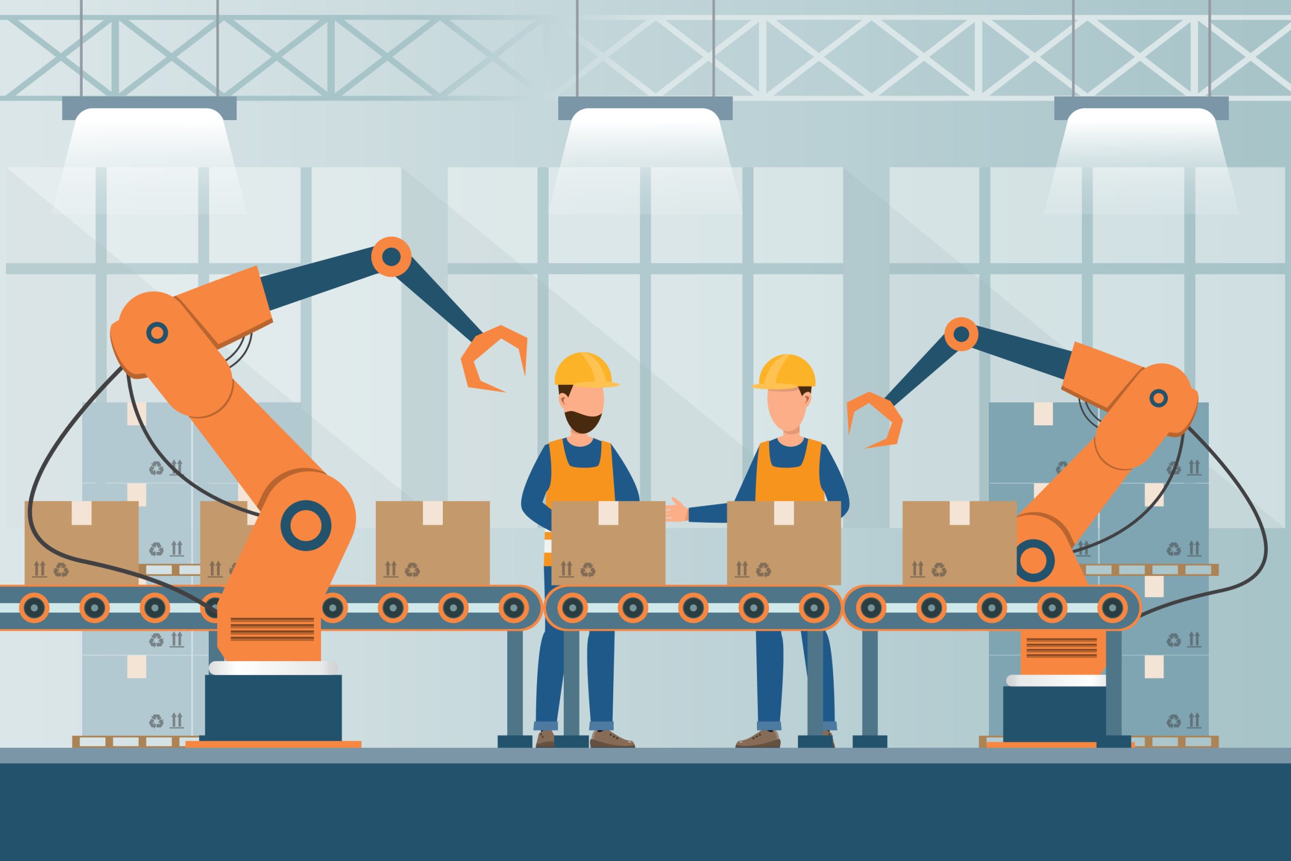 Workers on a conveyor line, practicing warehouse safety.