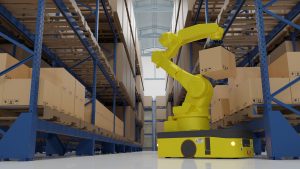 yellow robot picking an order from boxes on a shelf
